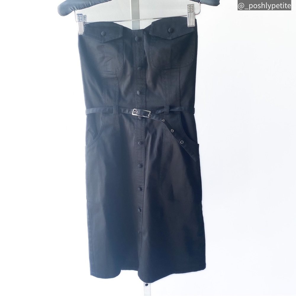 Womans s black strapless mini front pocket utitlity dress